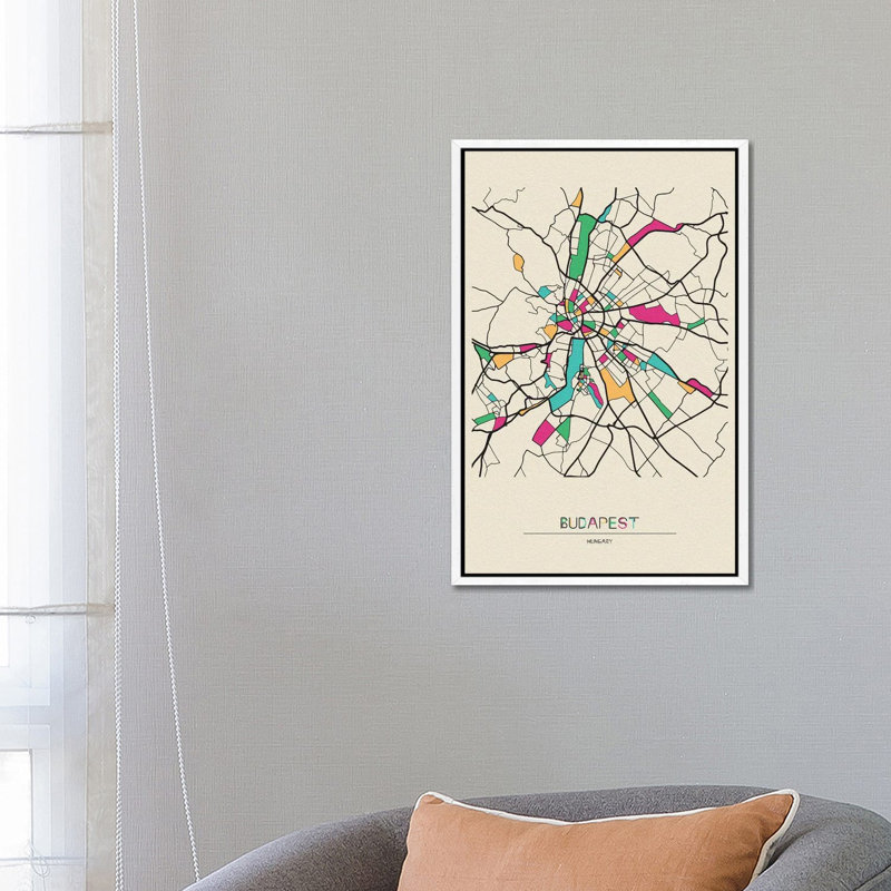 Budapest, Hungary Map by Ayse Deniz Akerman - Print on Canvas, Black Floater Frame, 66.04 cm H x 45.72 cm W