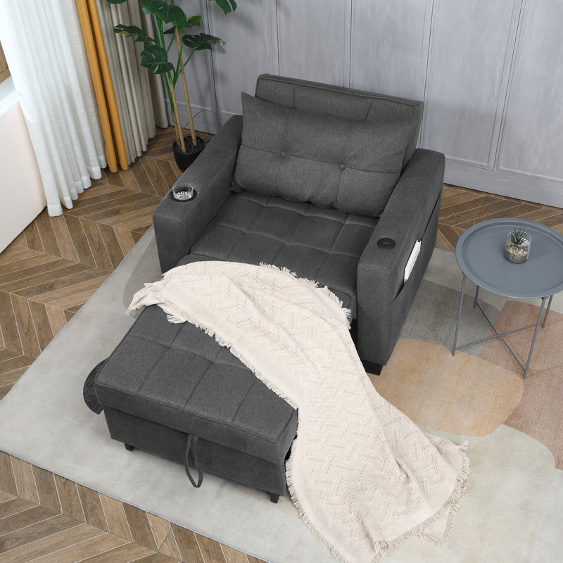 Latitude Run 36.6" Wide Convertible Chair 3-In-1 Pull Out Sleeper Futon Chair Beds with USB, Dark Gray Linen