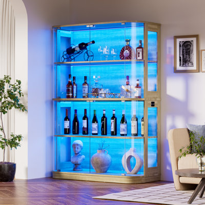 Glass Display Cabinet, Round Side 4-Tier Curio Cabinet with 3-Color LED Lights & Human Body Sensor, Glass Door with Press-to-Open, 67" Tall Transparent Full-Display Surface, Large Display Shelf for Collectibles, Toys, Books