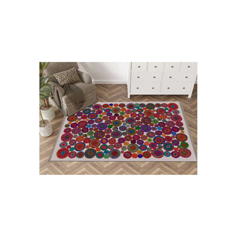 Multi-Colored Geometric Circle Patterned Modern Decorative Rug, Runner 3'3.37" x 6'6.74"
