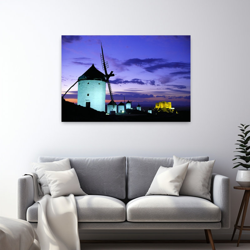 Old Traditional Windmills On Hill At Sunset, Consuegra, Castilla La Mancha, Spain Contemporary Architecture Wall Art