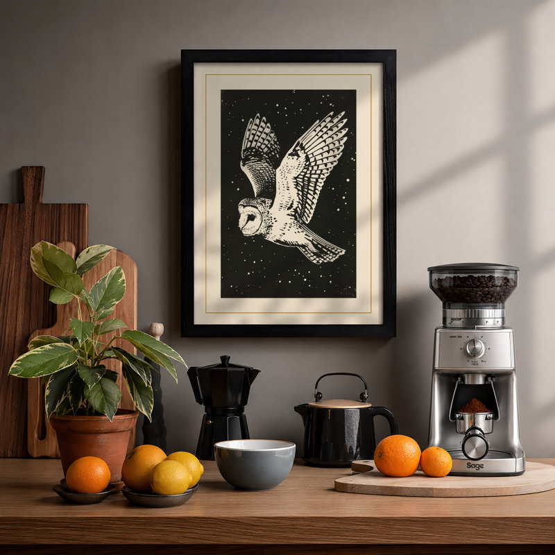 Nocturnal Hunter Japandi - Framed Print, A4 - 29.7 x 21.0 cm, Black