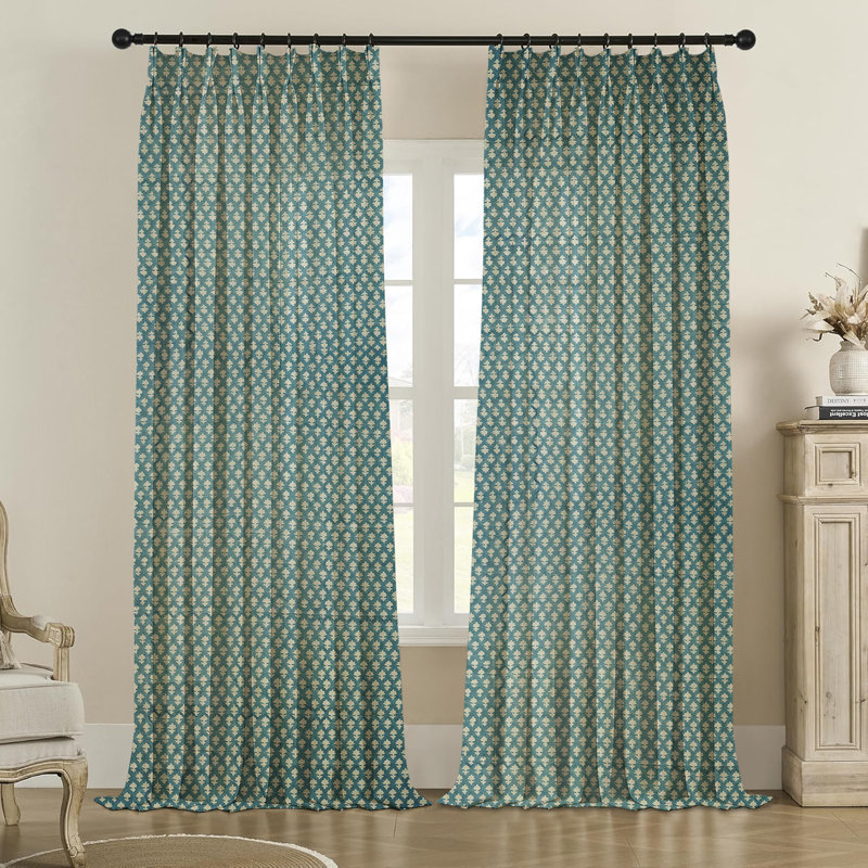Fabdivine Handmade Block Print Floral Light Blue 2 Panel Set, Soft or Boho Pure Linen Pinch Pleated Curtains Perfect for Kitchen and Window Door 27x96 Inches Farmhouse 100% Blackout, Pinkcity