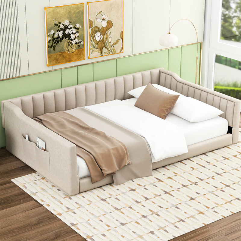 Lit de jour beige très grand avec revêtement et rangement latéral - Élégant, confortable pour la chambre à coucher, la chambre d'amis, aucun sommier requis, facile à installer et polyvalent, simple à assembler