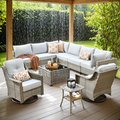 Emroy 8 - Person Wicker/Rattan Sectional Seating Group with Lighted Coffee Table and Swivel Chairs, All Weather Modular Outdoor Conversation Set with Cushions