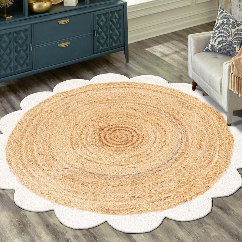 Tapis uni en jute tressé festonné, Rond 4 pi 1 po