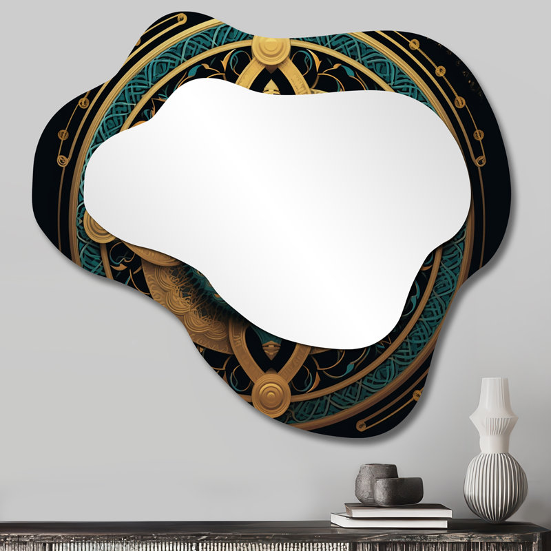 Antique antique doré et bleu sarcelle sceau II - miroir géométrique nuage, miroir mural décoratif asymétrique doré, impression d'art en métal