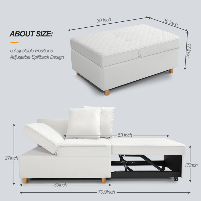 71'' Upholstered Reclining Sleeper Sofa, White