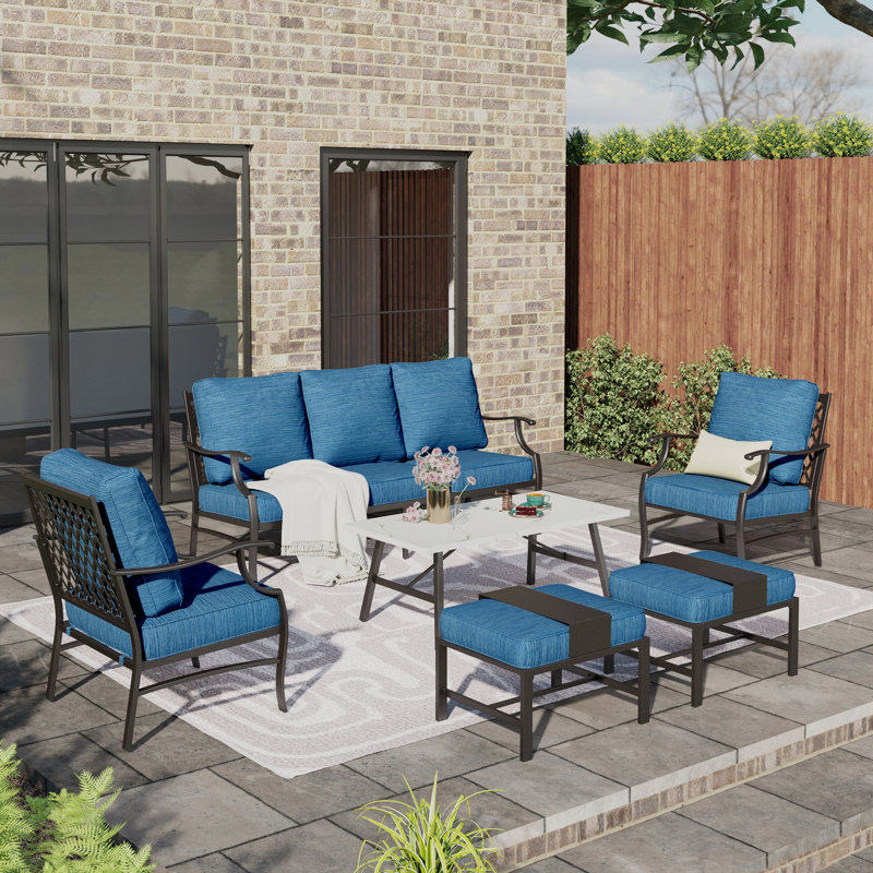 Asfand 5-7- Person Patio Conversation Set with Optional Ottoman, Peacock Blue, Yes