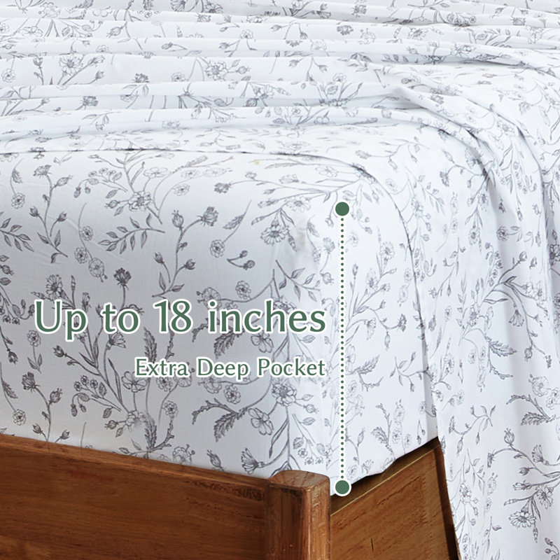 Draps 100% coton, Ensemble de draps pour grand lit avec 2 taies d'or, Floral gris clair