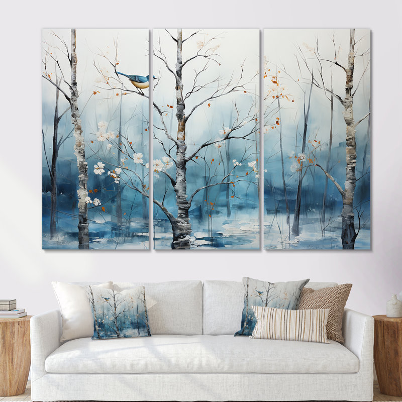 «Blue and White Forest Winter Harmony II», ensemble de décoration murale forêt, H 28 po x l 36 po x P 1 po, Toile tendue