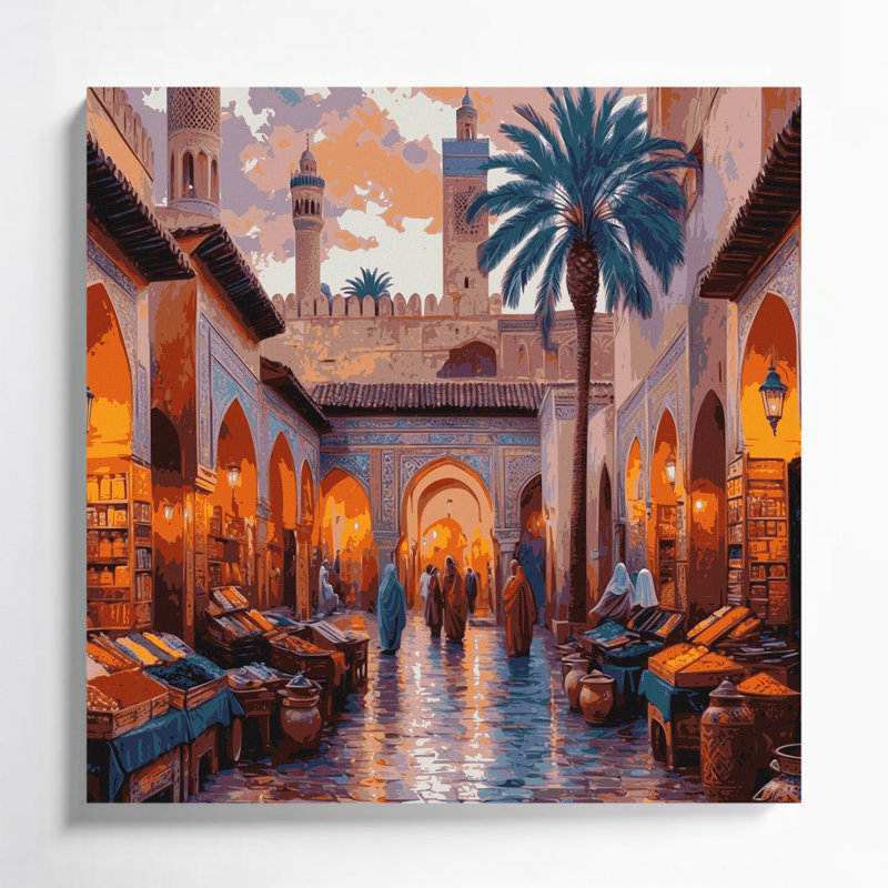 Art mural sur toile brun avec cités, villes, Maroc, H 32 po x l 32 po
