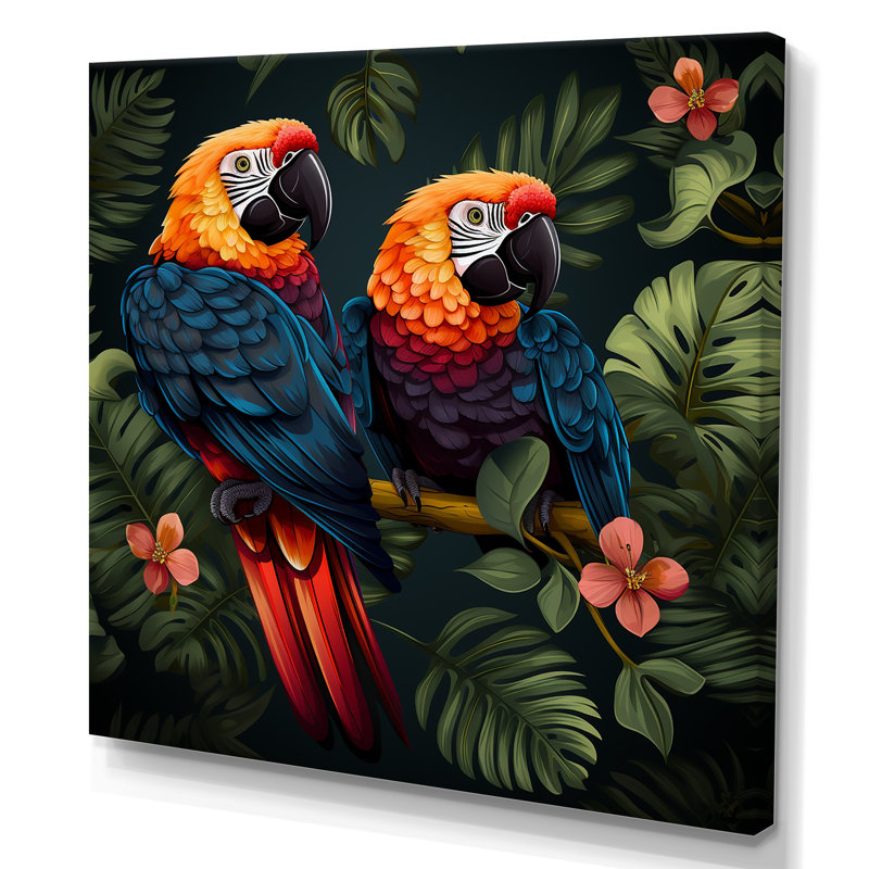 Orange et vert, perroquets tropicaux - art mural perroquet, H 16 po x l 16 po x P 1 po