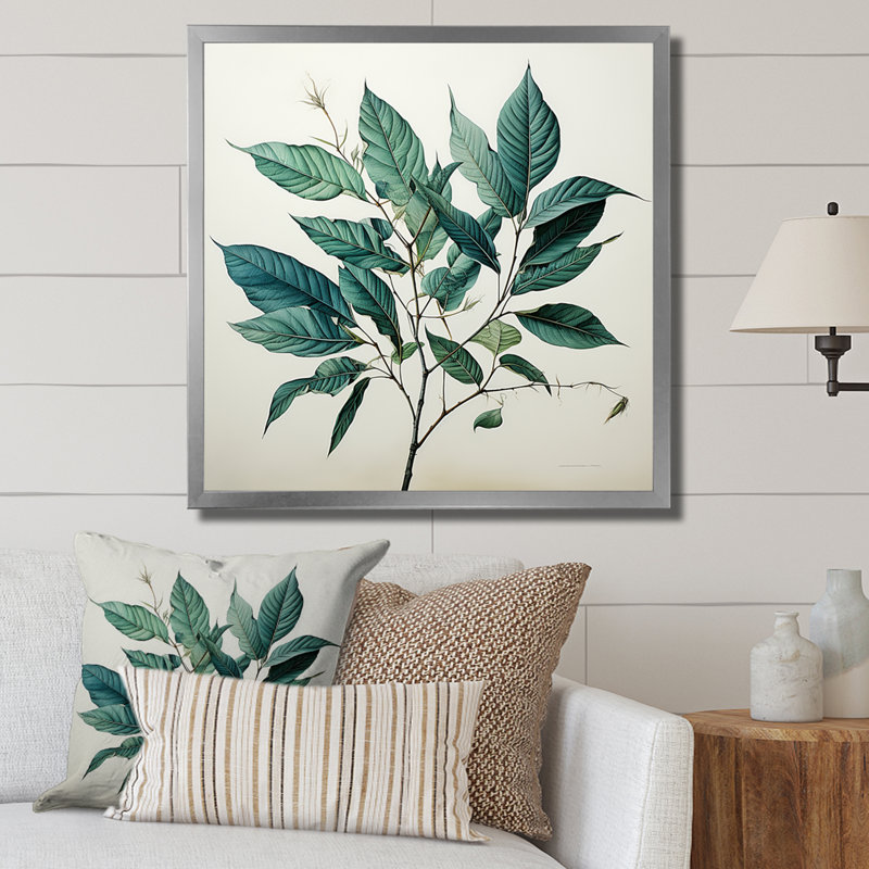 Impressions subtiles de feuilles bleu sarcelle, Cadre simple argenté, H 16 po x l 16 po x P 1 po