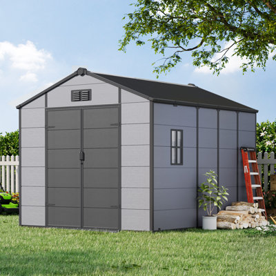 8X10 FT Outdoor Storage Shed, Weather-Resistant Shed With Lockable Double Doors & Built-In Floor, Sloped Roof Outdoor Shed For Backyard, Patio & Lawn, Gray