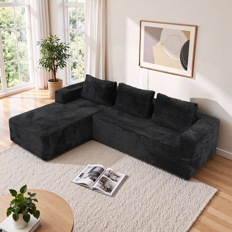 Canapé d'angle en L sans ossature, 250 cm (98,4 po), velours côtelé noir