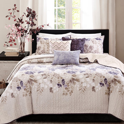 Courtepointe 6 pièces taupe avec coussins décoratifs, courtepointe à imprimé floral aquarelle, tissu en microfibre, réversible, coussins brodés inclus en microfibre, réversible à couleur unie, confortable et élégant