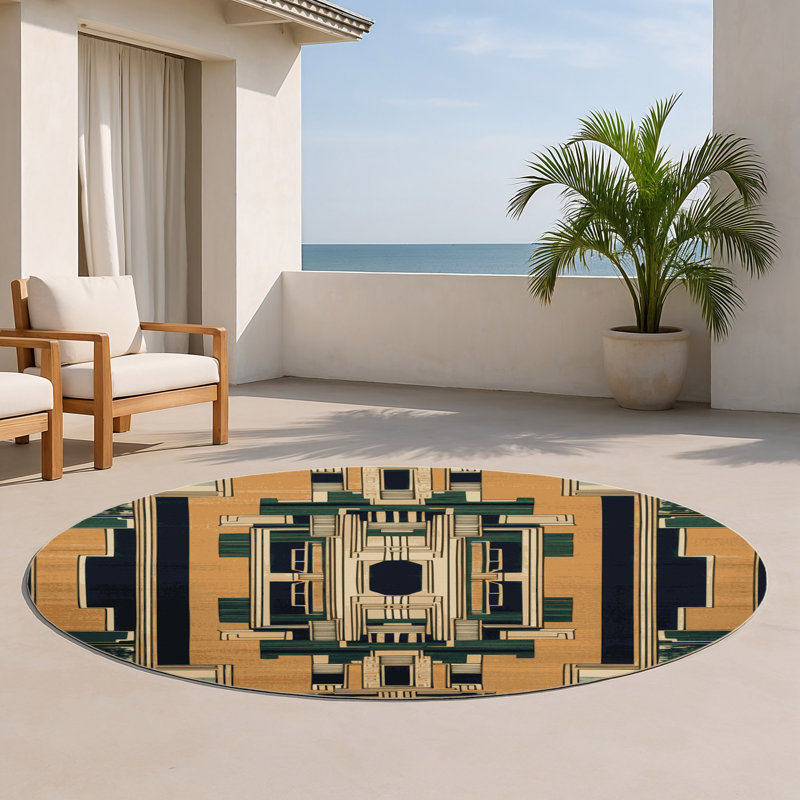 ArtDeco Brown Indoor and Outdoor Area Rug, Round 5'