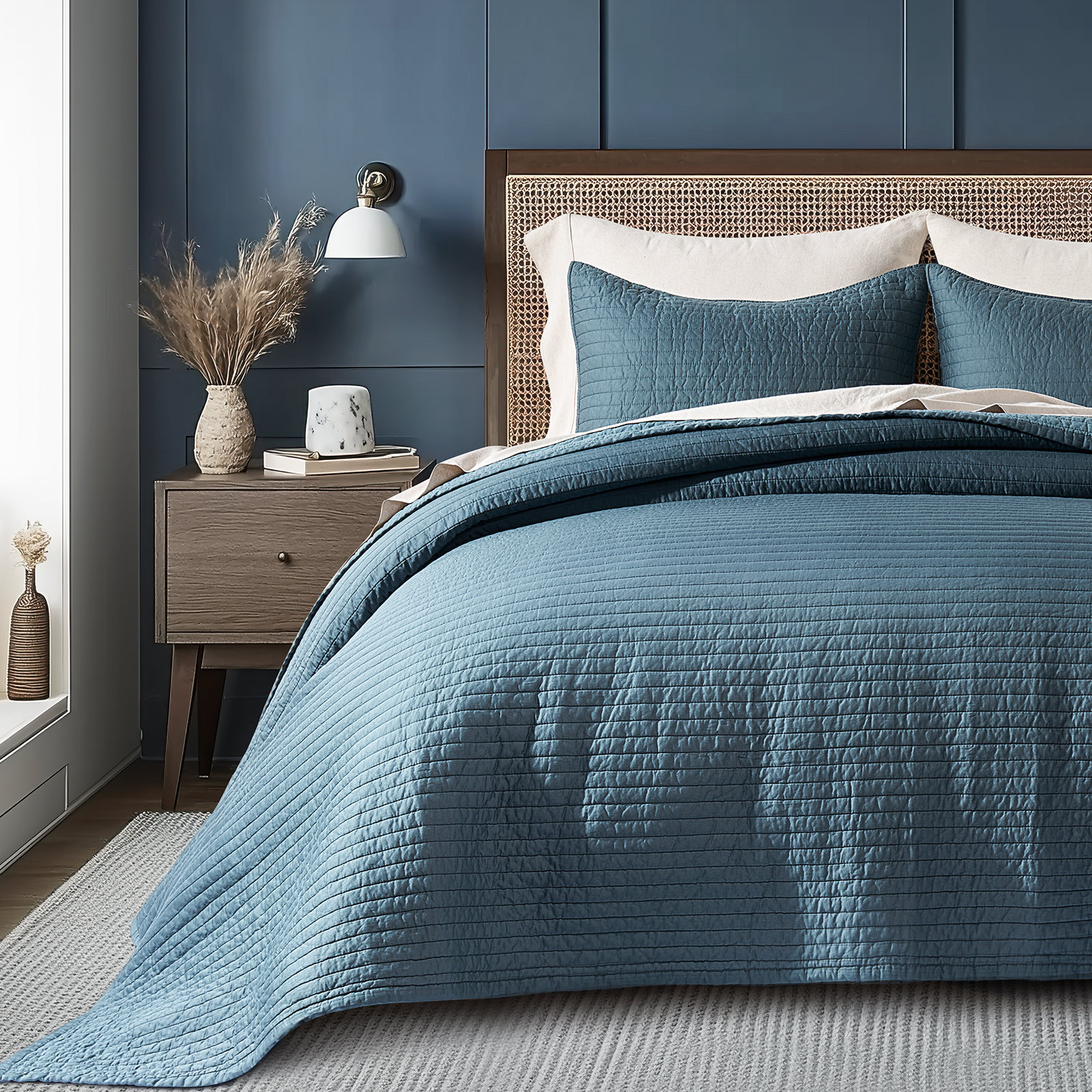 Oversized Cotton Sateen Channel Stitch Quilt Set - 3 Pieces King/Queen Bedding Comforter Set with Pillow Shams, All Season Lightweight Bedspread