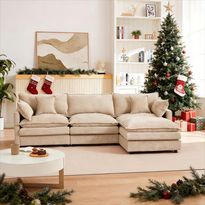  102 Inch Modular L-Shaped Sectional Sofa , 3-Seater Chenille Cloud Couch with Movable Ottoman , DIY Combination, Comfy Upholstered Set for Living Room