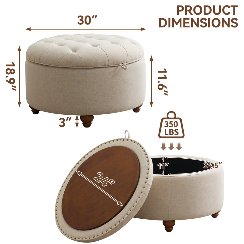 30’’ Wide Upholstered Tufted Round Storage Ottoman, Khaki Linen