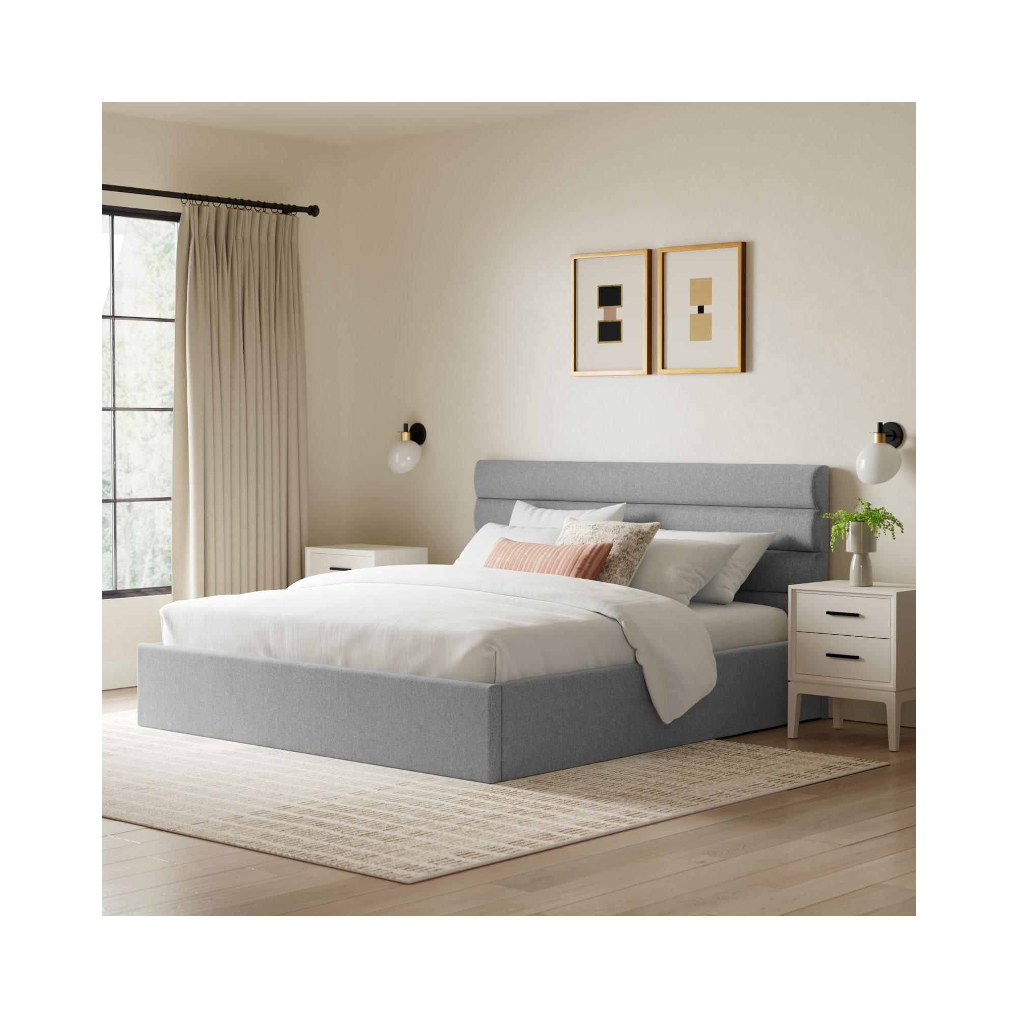 Ruma Upholstered Platform Bed, King, Light Gray