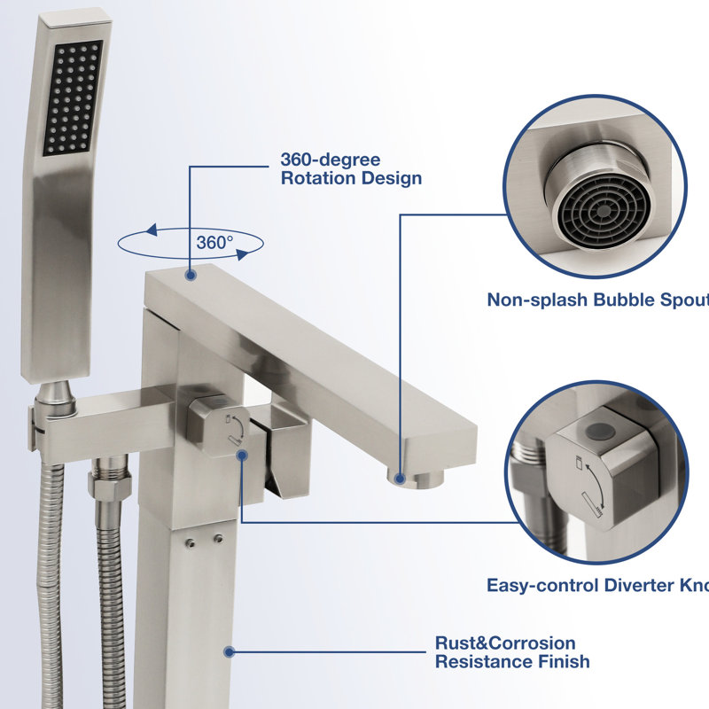 Floor Mounted Tub Filler With Brushed Nickel Finish, High - Grade Lead Brass, Smooth Dual Temperature Handles, 360° Horizontal + 90° Vertical Spout, Splash Faucet Handheld Shower, Solid Brass Build,