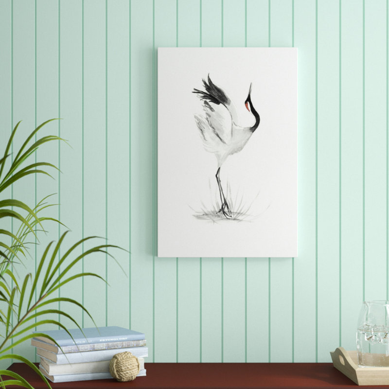 «Japanese Cranes I», peinture sur toile, H 30 po x l 20 po