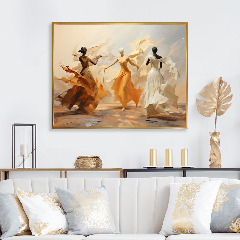 Danse jaune et blanche, ensemble I - Danse, art mural, H 12 po x l 20 po, Toile avec cadre flottant, Doré
