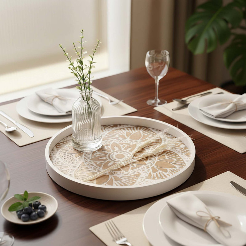 Decorative Round Wooden Tray with Washed White Pattern Rustic Coffee Table Centerpiece for Living Room Kitchen