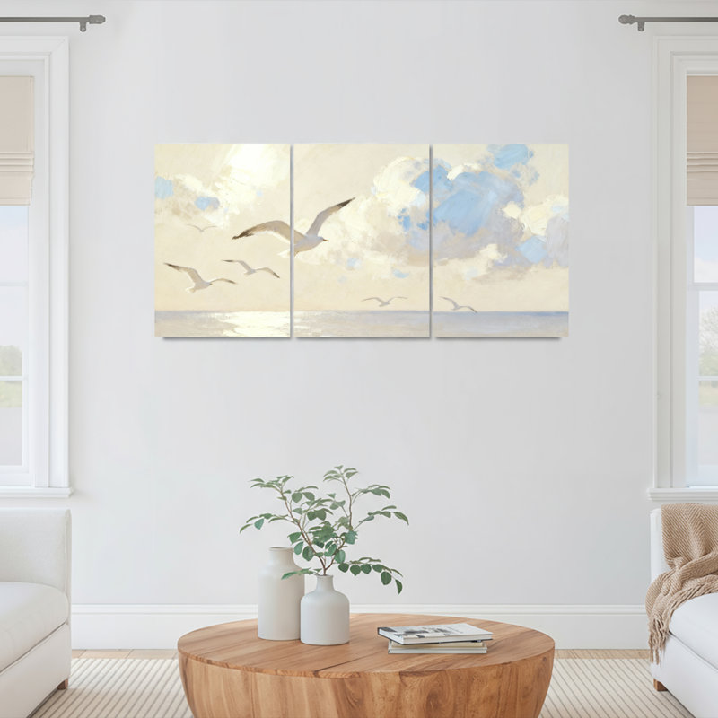 Mouettes volant au-dessus de l'océan ciel, ensemble de 3 reproductions d'art sur toile tendues, H 30 po x l 60 po
