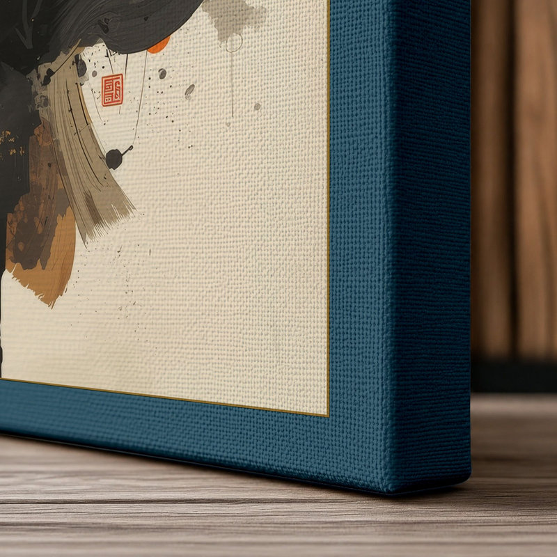 Fox in Ink Japandi - Wrapped Canvas, 36x24 - 91.4 x 61.0 cm, Teal Border