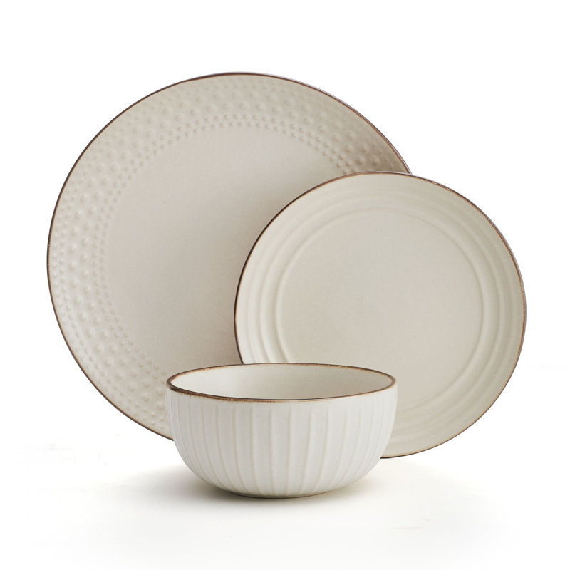Beige Ceramic 12-Piece Dinnerware Set with Beaded Design