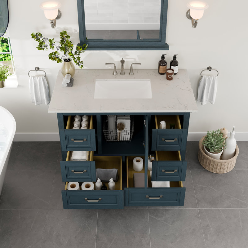 Meuble-lavabo double en porcelaine encastrable l 60 po x P 22 po Glebs, Bleu cendré, Quartz - blanc de Carrare