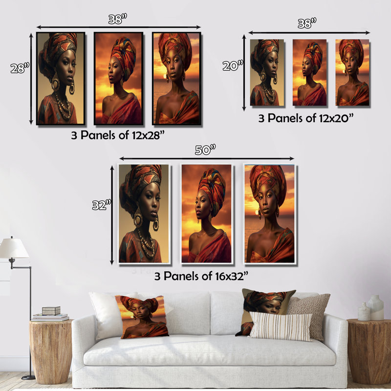 "Beauté africaine en tenue traditionnelle au coucher du soleil", 3 pièces sur toile, Cadre flottant noir, H 32 po x l 48 po