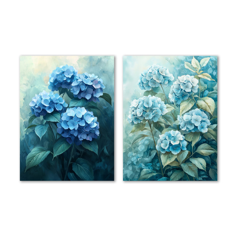 Hydrangea Blossom Harmony I - Blue Botanical, impression murale en métal 2 pièces, 32" H x 48" W