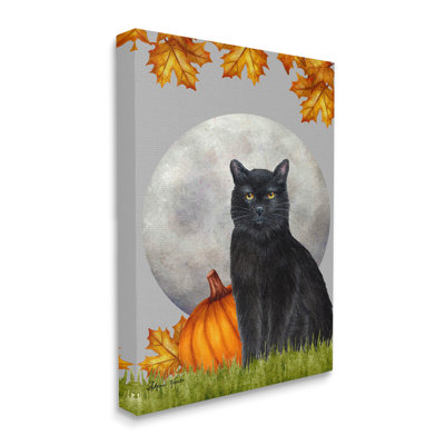 " Black Cat and Full Moon Autumn Leaves Pumpkins " Graphic Art Print