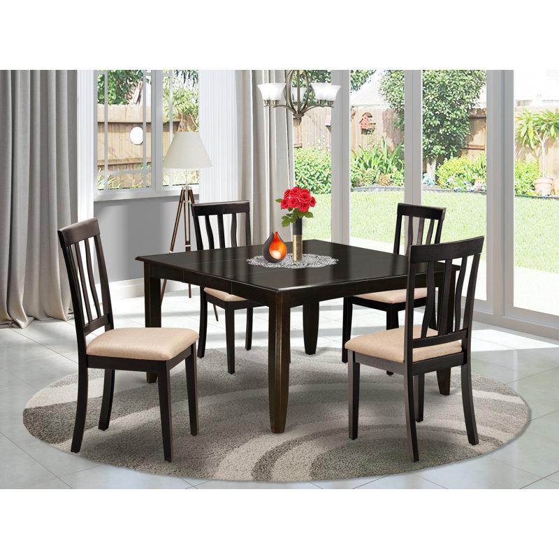 5 Piece Dining Room Table Set Includes a Square Kitchen Table with Butterfly Leaf and 4 Linen Fabric Dining Chairs, Cappuccino