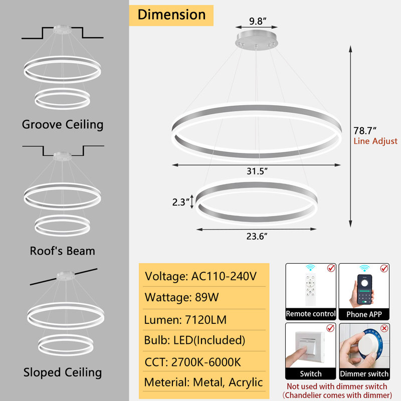2-ring Modern Led Chandelier Gold, Silver