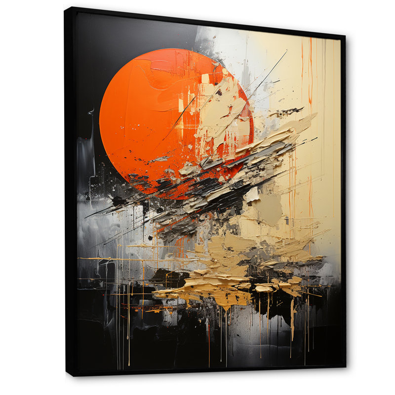 Forme de lune orange - art mural abstrait, Cadre flottant noir, H 32 po x l 24 po x P 1 po