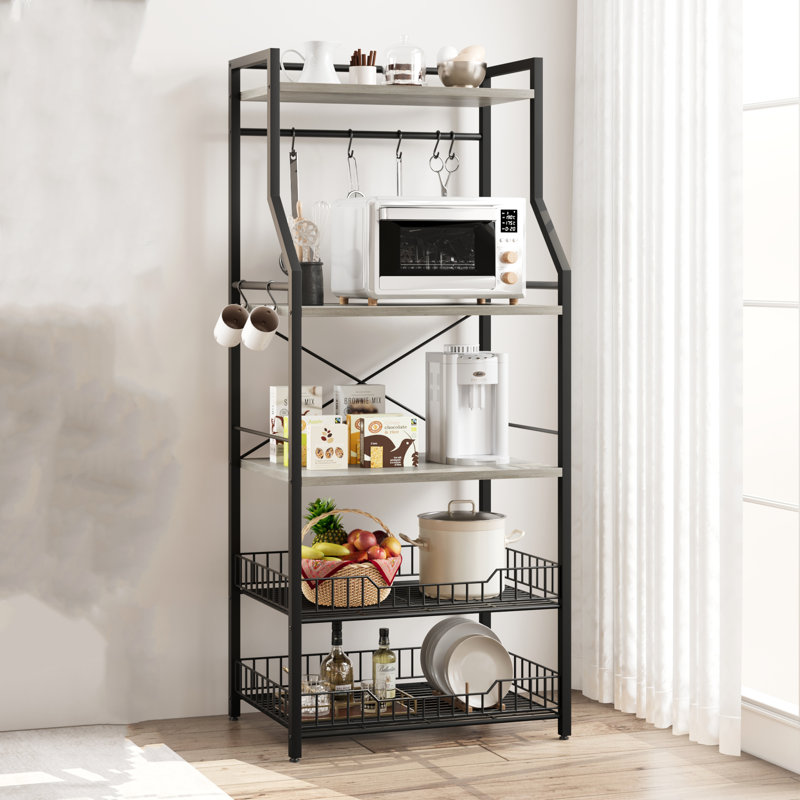 Kitchen Bakers Rack, Microwave Oven Stand With 2 Large Wire Basket, Black/Grey