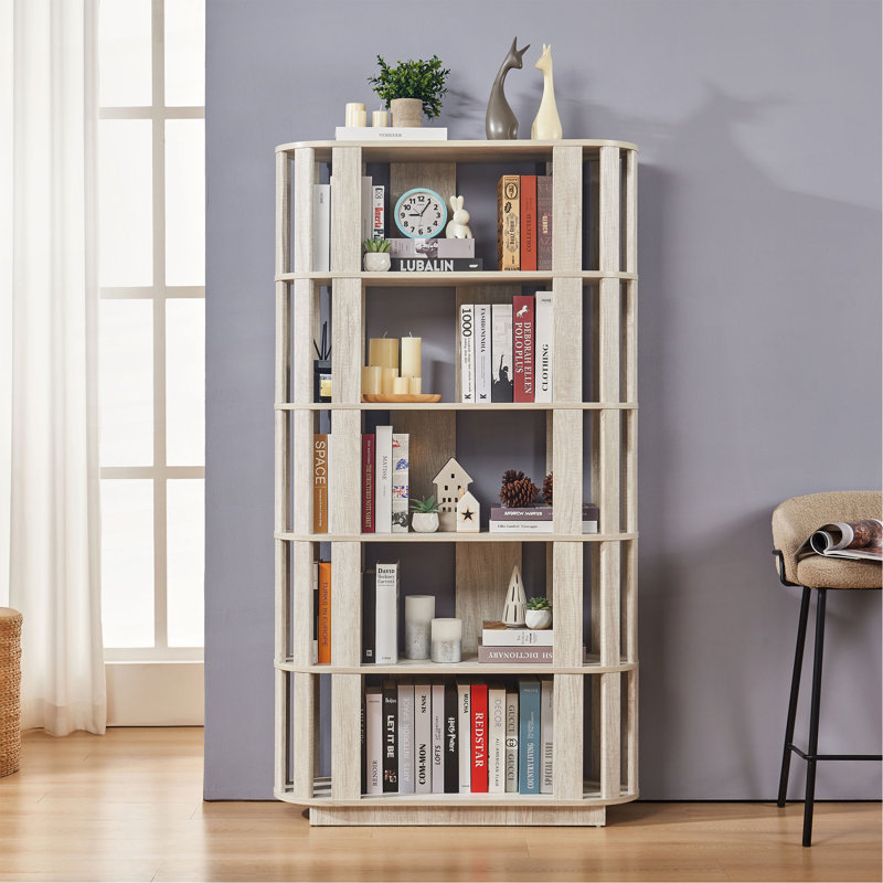 Bibliothèque ovale en bois ouverte, bibliothèque autoportante à cadre en panneau de fibres à densité moyenne, support de rangement à 5 niveaux facile à assembler pour le salon, décoration de bureau à domicile