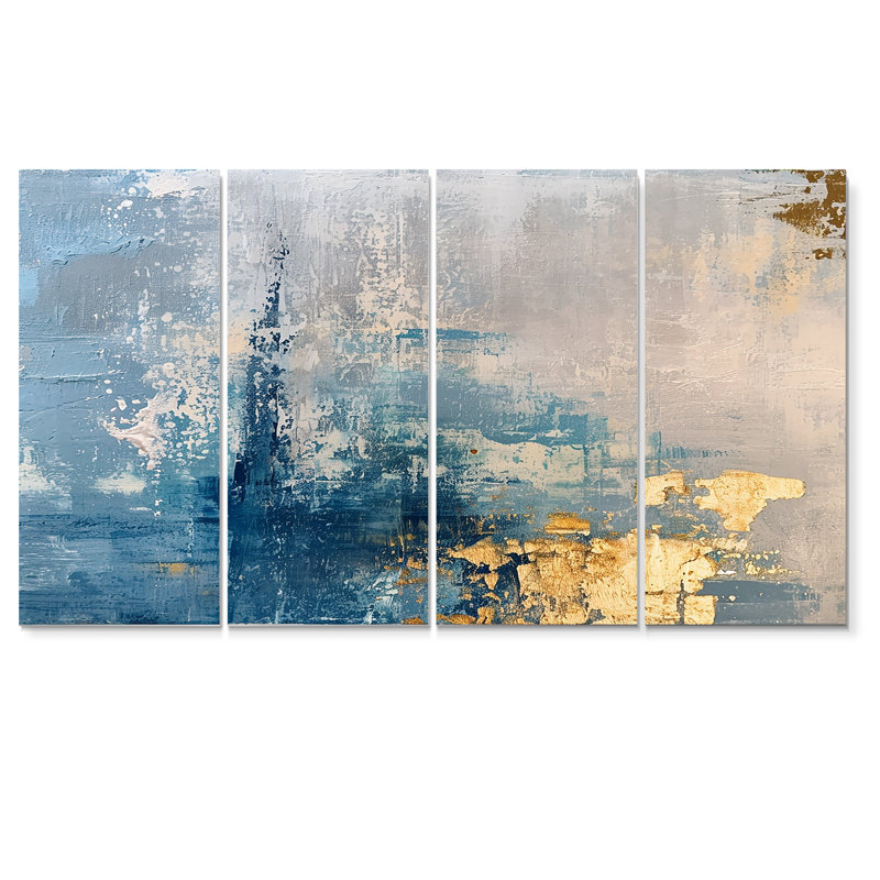 Tender Gold on Grunge Blue - Ensemble de 4 décorations murales abstraites, H 32 po x l 64 po