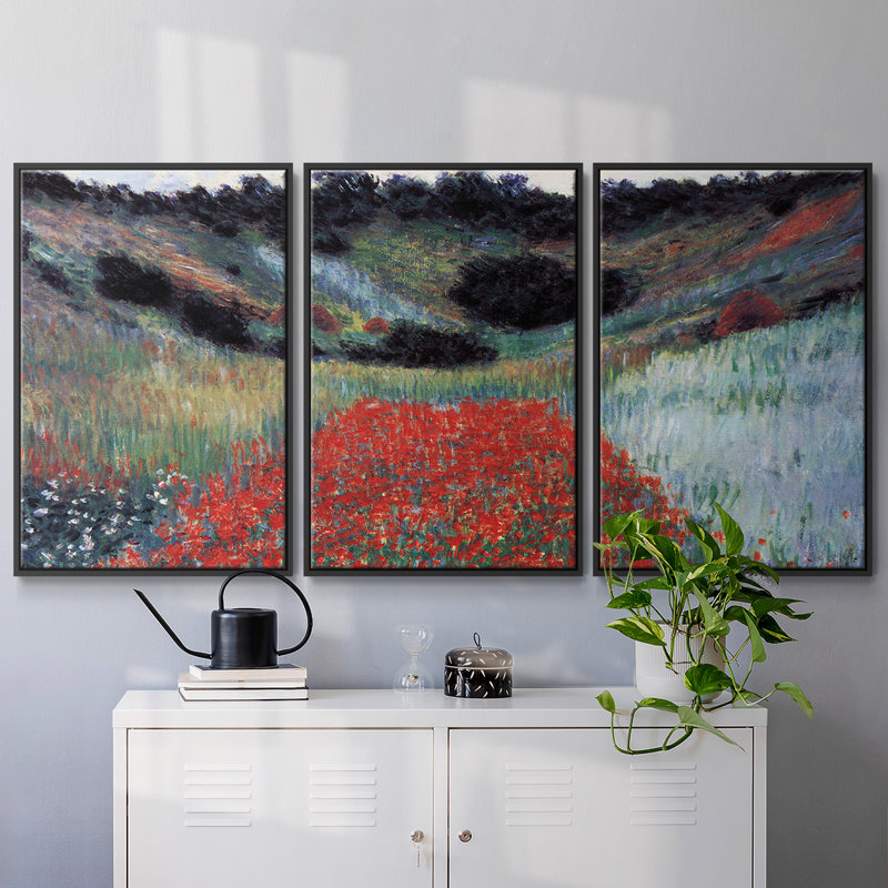 «Poppy Field In Giverny» par Monet, encadré sur toile, 3 pièces, H 24 po x l 48 po x P 2 po, Noir