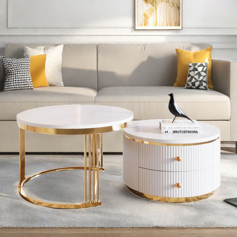 Modern 2 Pieces Round Nesting Coffee Table With 2 Drawers And Electroplated Gold Legs