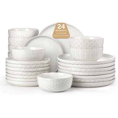 Farmhouse style stone tray and bowl set - scratch resistant and dishwasher washable, Bohemian ceramic relief, compact stacked cutlery - vintage white 24 pieces for 8 people