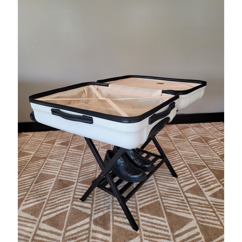Brushed Black Bamboo Folding Luggage Rack with Shelf