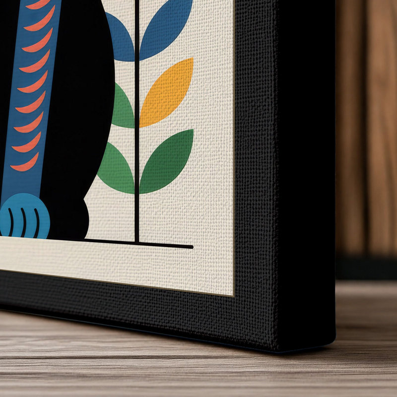 Decorated Cat in Folk Art Mid-Century 1 Piece Wrapped Canvas Wall Art, 36x24 - 91.4 x 61.0 cm, Black Border