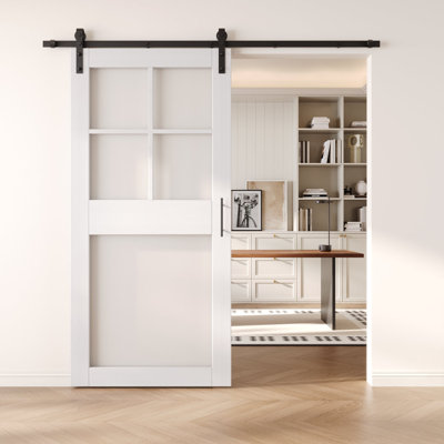 Porte de grange en verre givré non assemblée et non assemblée de 26 po x 84 po à 5 lumières Homacer avec trousse de quincaillerie d'installation sans dérivation Homacer