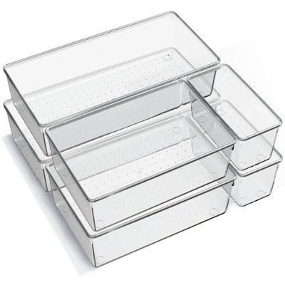 Ensemble de 6 grands plateaux de rangement de tiroir en plastique transparent, organisateurs de tiroir de cuisine en acrylique et cloisons de rangement, bacs de rangement antidérapants pour le maquillage, ustensiles de cuisine, salle de bain, bijoux et bureau